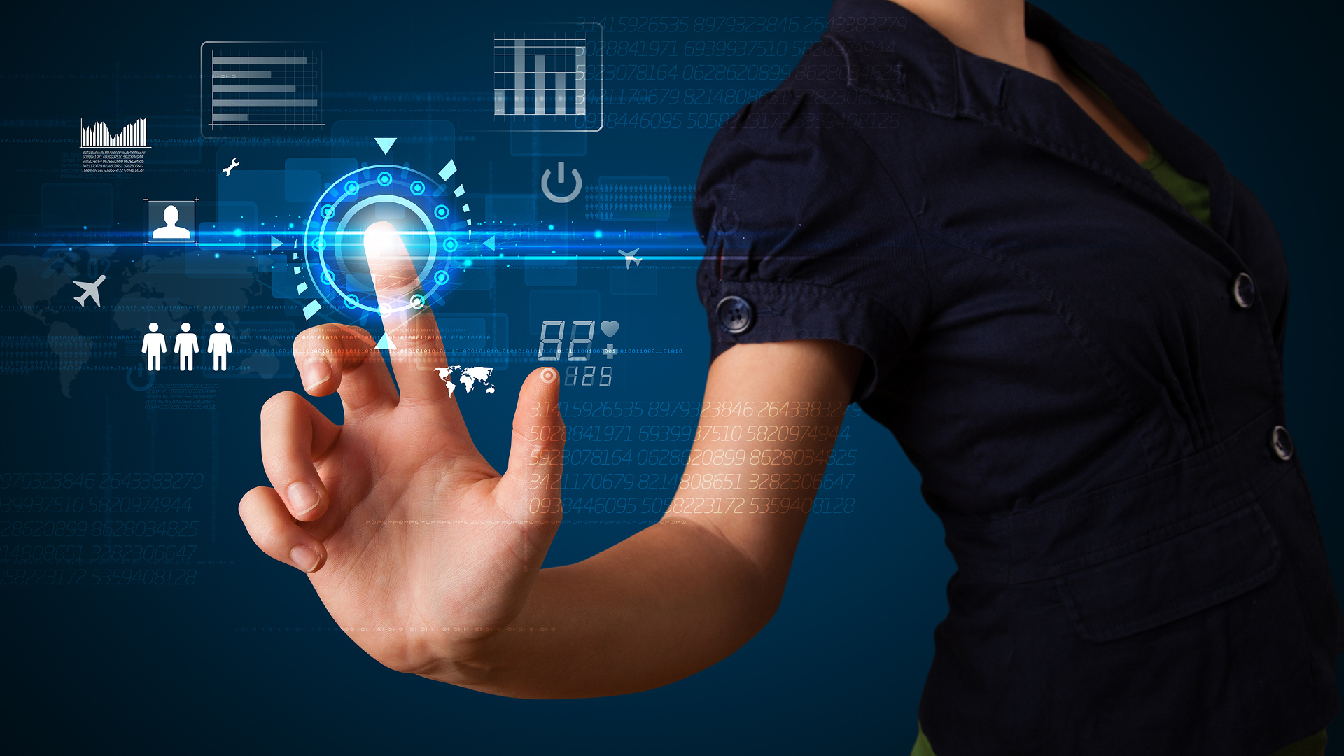 Tech concept showing a person standing in front of a dark blue background and touching a flat digital plane. The plane glows under her fingertip. 